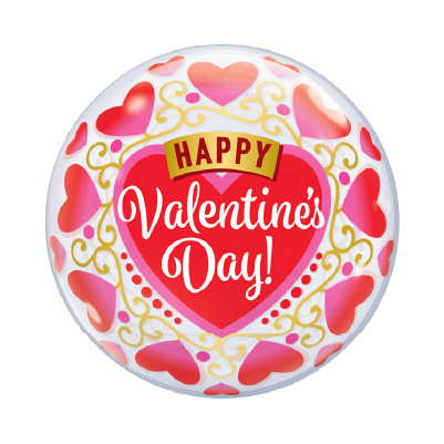 Round silver foil balloon with red hearts and gold filigree, featuring a large red heart in the center that says "Happy.