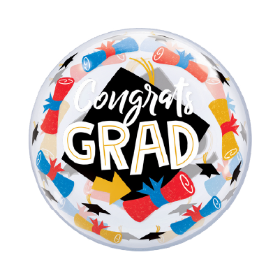 Round silver foil balloon with colorful graduation caps and diplomas, black center with "Congrats Grad" in white and gold.