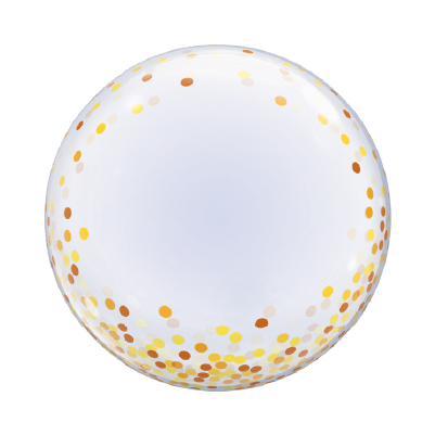 24-inch clear balloon with shiny gold confetti dots scattered inside.