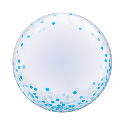 24-inch transparent balloon with scattered blue and white confetti dots.