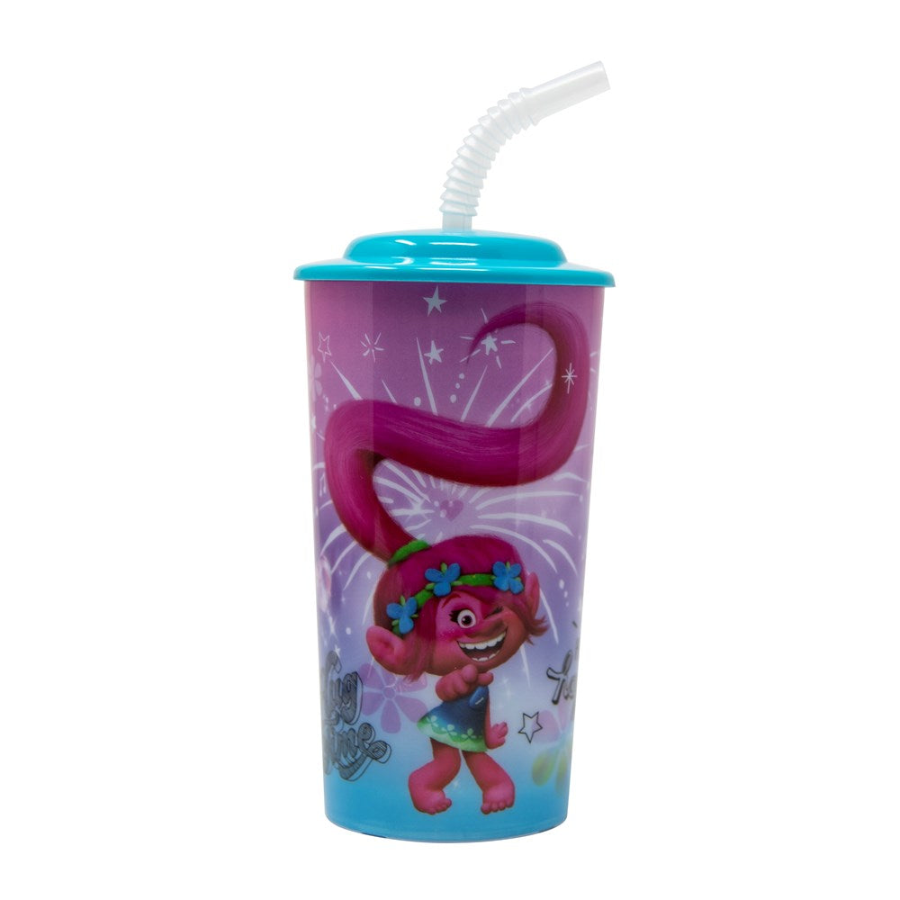 16oz purple plastic sports tumbler with teal lid, flexible white straw, and Trolls character design.
