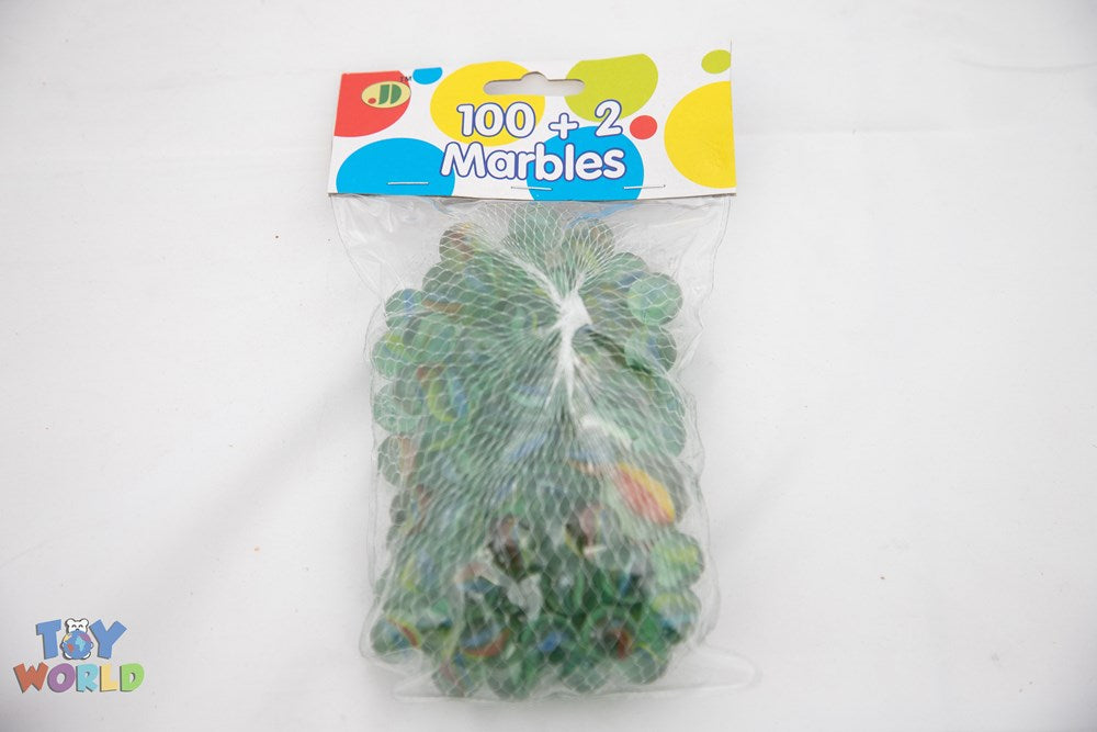Clear PVC bag filled with over 100 colorful glass marbles, sealed with a bright header card labeled "100+2 Marbles".