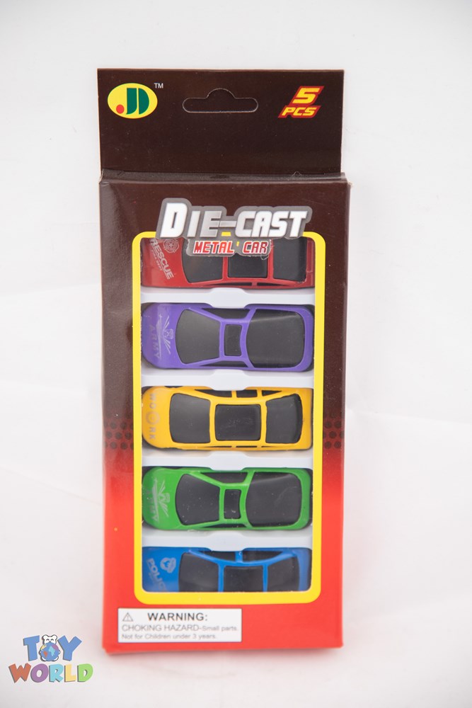 Set of five colorful die-cast toy cars in red, purple, yellow, green, and blue, packaged in a box.