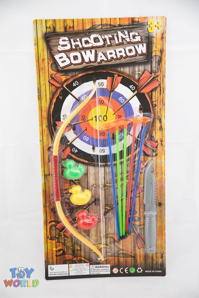 Wooden bow with four colorful plastic arrows and three suction cup tips, packaged on a cardboard backing featuring a target.