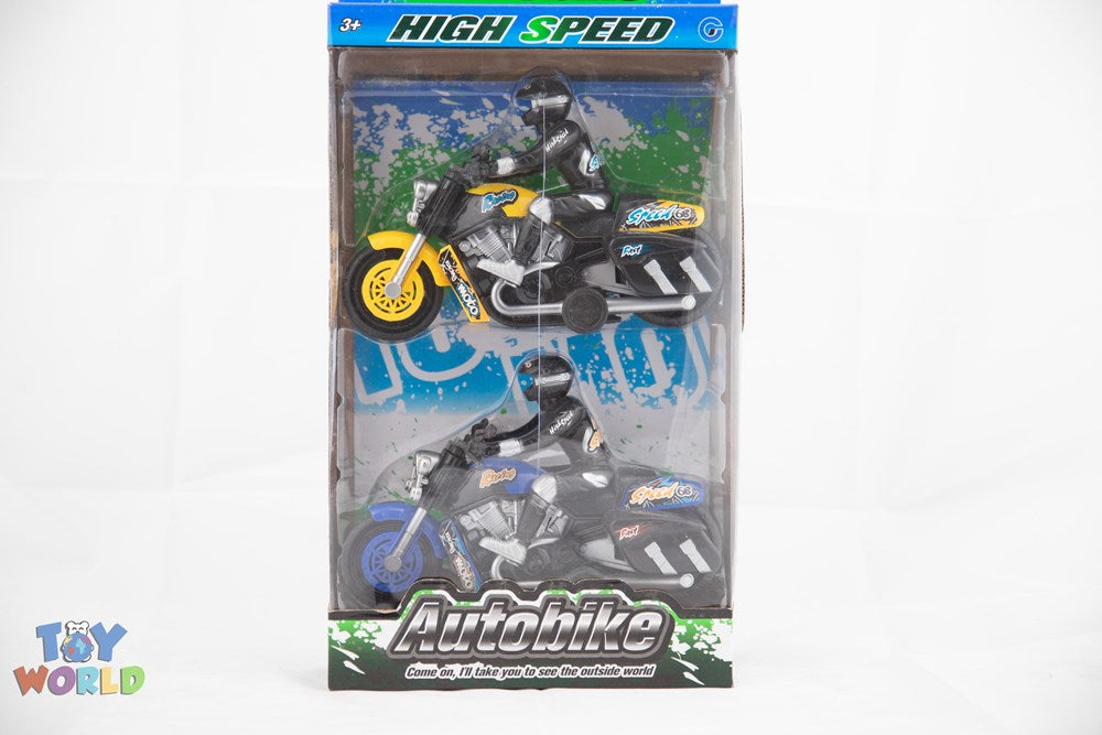 Two black and yellow remote control motorcycles in clear plastic packaging with "High Speed" label and colorful background.