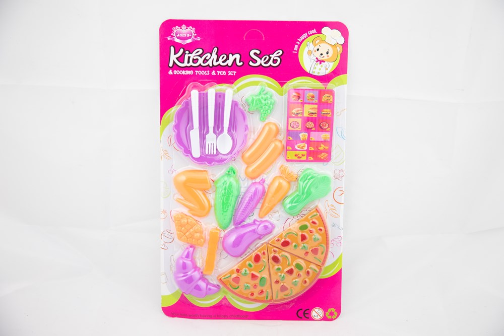 Plastic toy pizza set with colorful slices, utensils, and veggies in pink blister card packaging.
