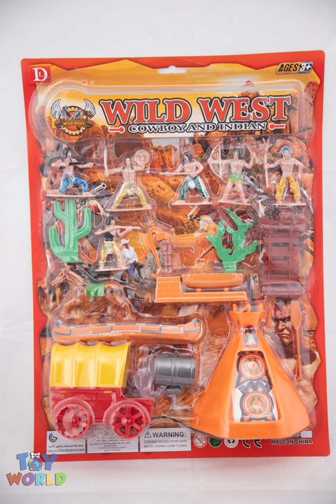 Wild West toy set with plastic cowboy and Indian figures, teepee, train engine, cactus, and accessories in blister card.