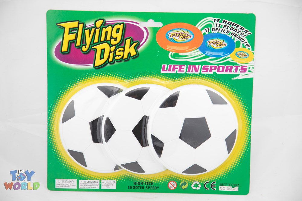 Three white flying discs with black soccer ball pattern in green blister card packaging labeled Flying Disk Life in Sports.