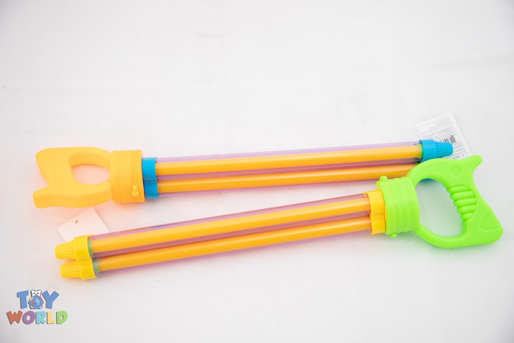 Two colorful plastic water pumps with orange and yellow striped tubes, one with a green handle and one with an orange forked