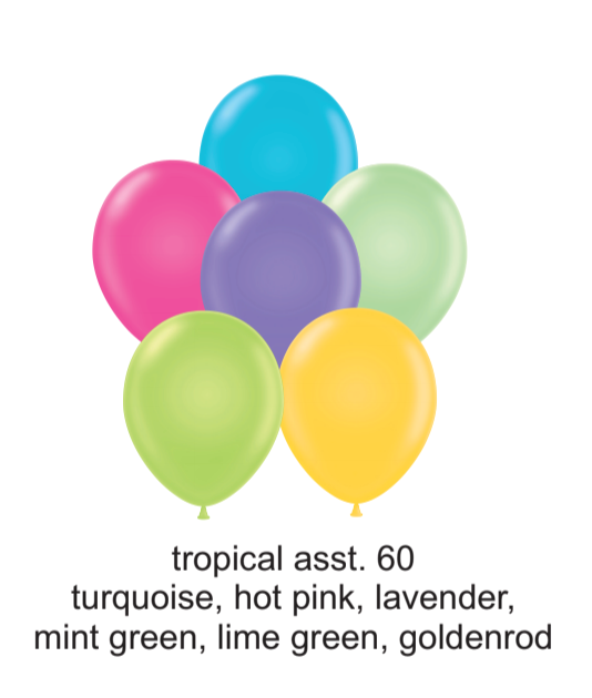 Assorted 17-inch latex balloons in turquoise, pink, lavender, mint green, lime green, and goldenrod colors, round shape.