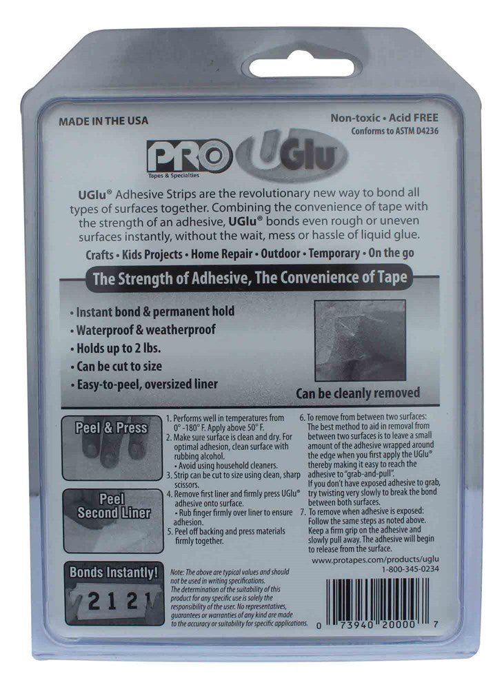 Blister pack with five white adhesive strips of varying sizes displayed inside clear plastic, backing card labeled UGlu 200.