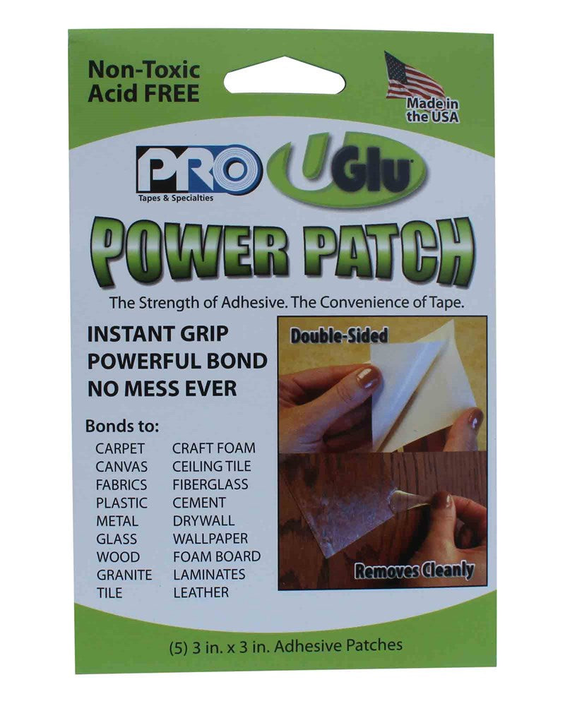 Green and white rectangular packaging of Pro Uglu Power Patch with text highlighting instant grip and powerful bond,.