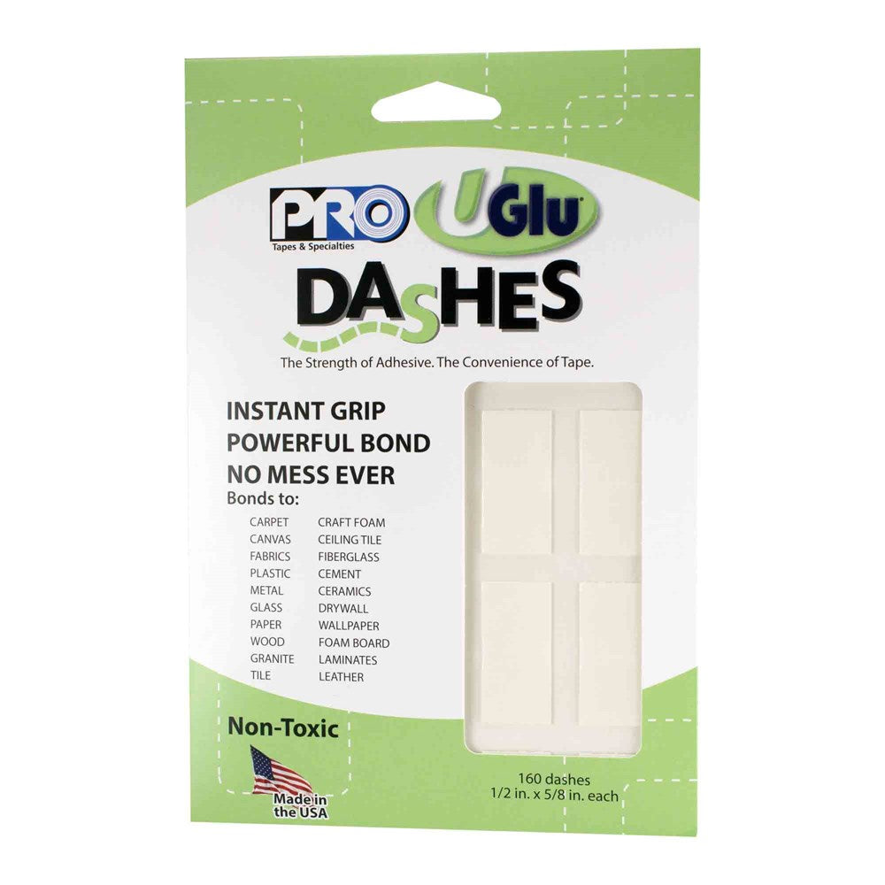 Green and white packaging of PRO U Glu Dashes with four beige adhesive dash sheets inside visible through clear window.