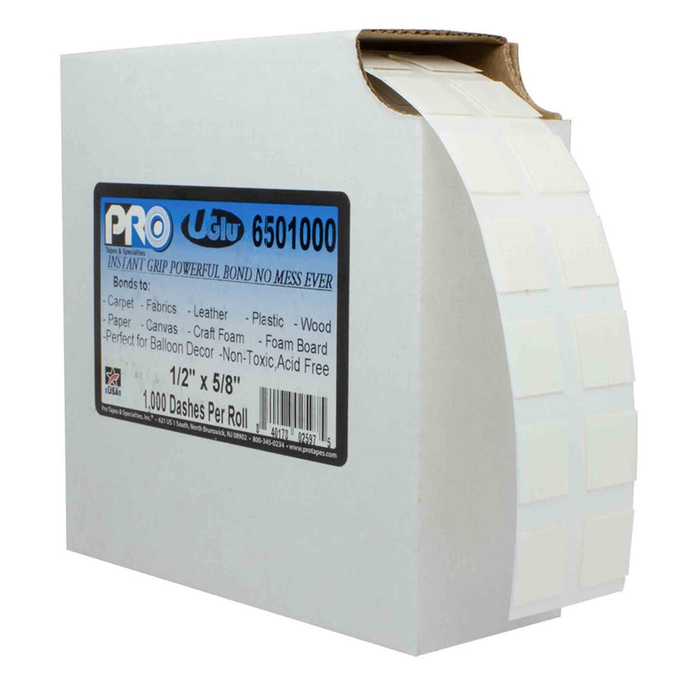 White adhesive label roll with 1.5 by 0.625-inch rectangular dashes in a white dispenser box.
