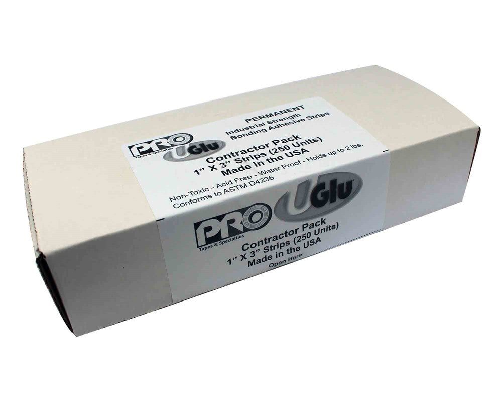 White rectangular box labeled Pro UGlu contractor pack containing 1 inch by 3 inch adhesive strips, 250 count.