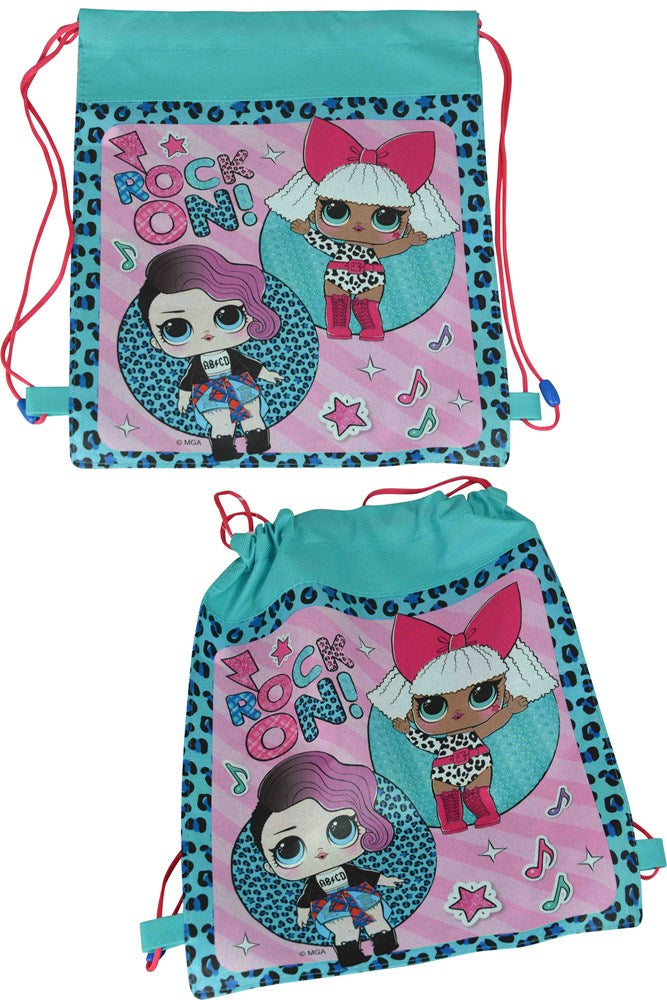 Blue non-woven sling bag with LOL Surprise girl characters, "Rock On" text, and musical notes.