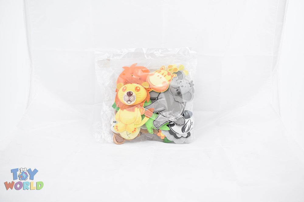 Set of colorful foam safari animal figures including lion, giraffe, and elephant in clear packaging.