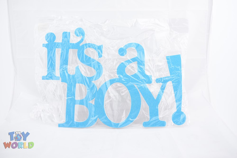 Light blue foam cutout sign reading "It's a Boy!" with playful font, designed for baby showers or gender reveals.