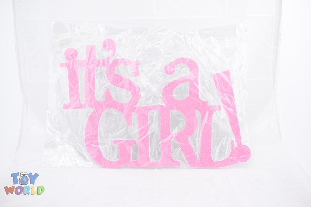 Pink eva foam "It's a Girl" sign with rounded letters, 22.8 inches wide for baby showers or gender reveals.
