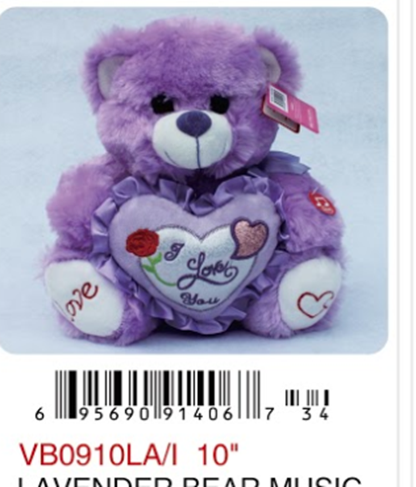 Plush lavender bear holding purple heart pillow embroidered with "I Love You" and a red rose.
