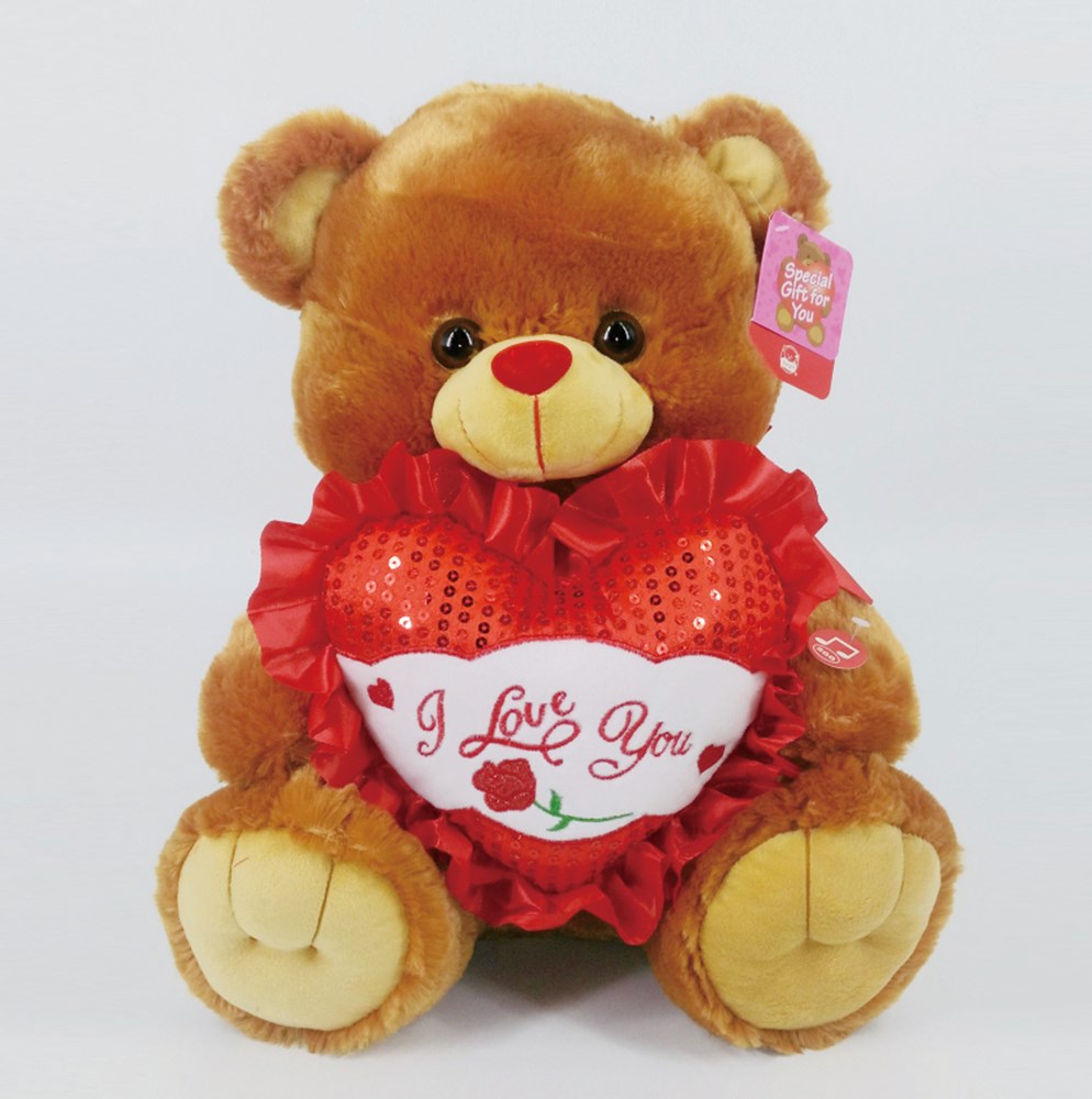 Brown plush bear holding a red heart with "I Love You" and rose detail, 15 inches tall.