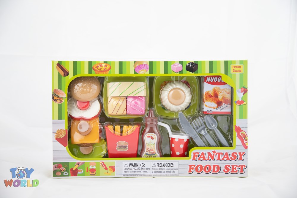 Colorful plastic kitchen food play set with toy burger, fries, soda cup, pizza slice, egg, and utensils in green packaging.