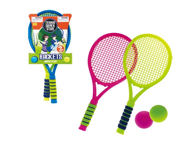 Two 20-inch plastic sport rackets with pink and neon green frames, black-and-yellow grips, plus two small foam balls in pink