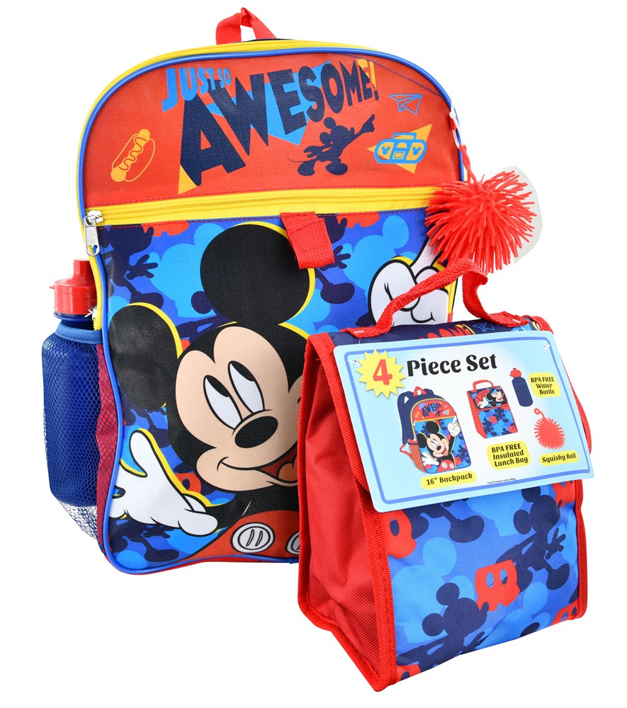Blue and red Mickey Mouse backpack set with cartoon print, includes water bottle and matching lunch bag with pom-pom zipper.