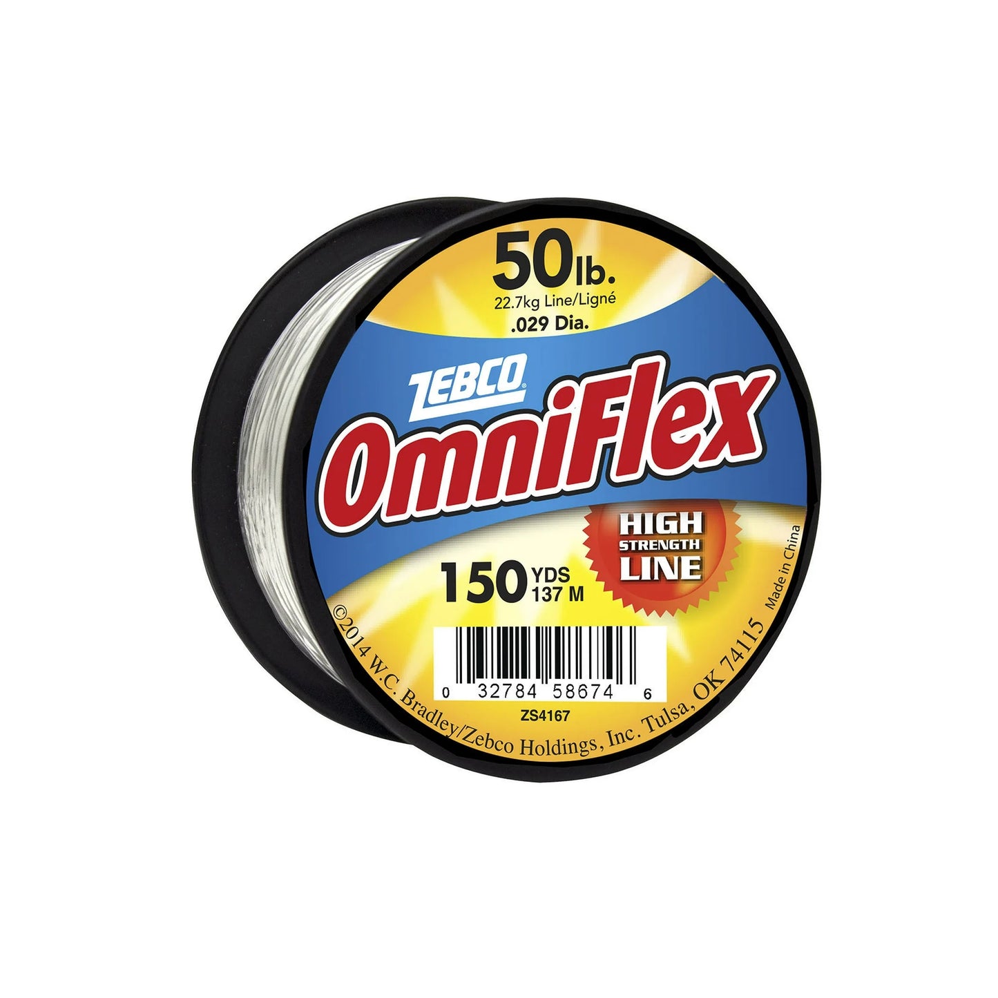 Spool of Zebco Omniflex 50lb high strength fishing line, 150 yards, black spool with yellow and blue label.