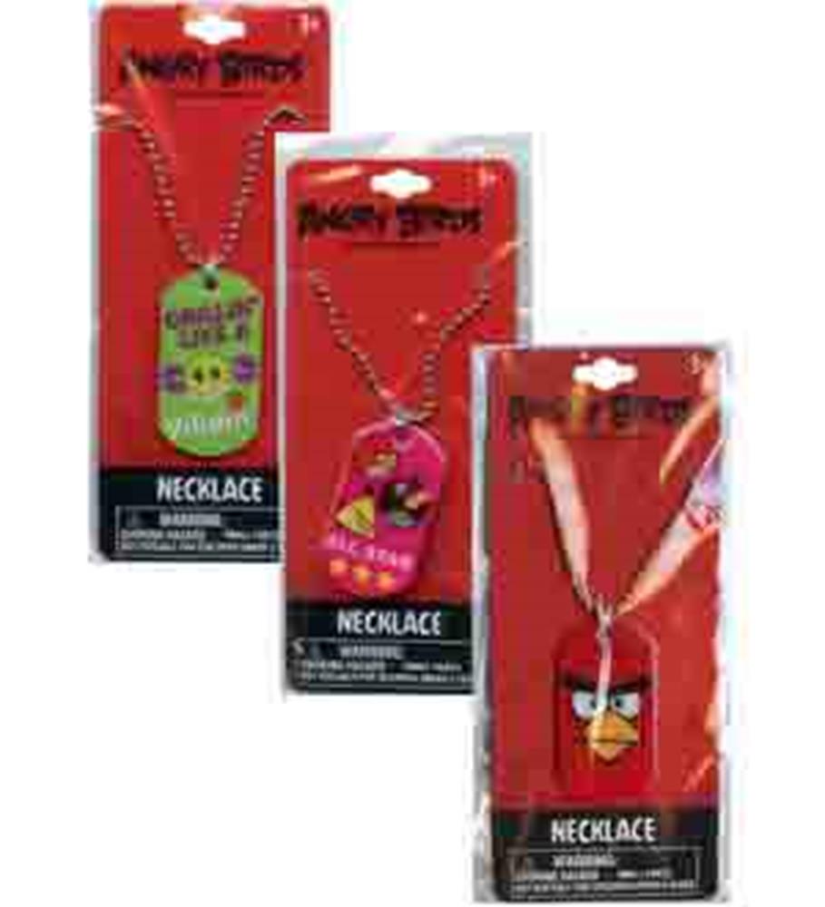 Set of three Angry Birds metal dog tag necklaces with colorful character designs on silver ball chains in blister packaging.