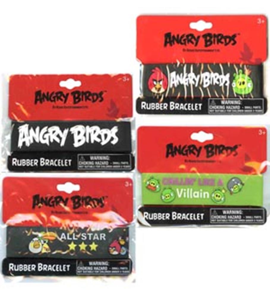 Set of four Angry Birds rubber bracelets in black, red, and green with character logos and themed text on each band.