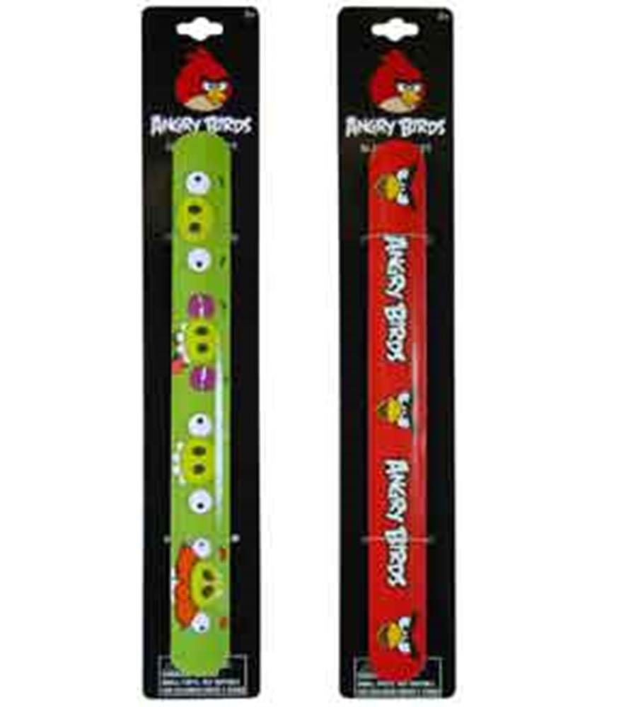 Two Angry Bird slap bracelets, one green with multiple small character faces, the other red featuring the Angry Birds logo.
