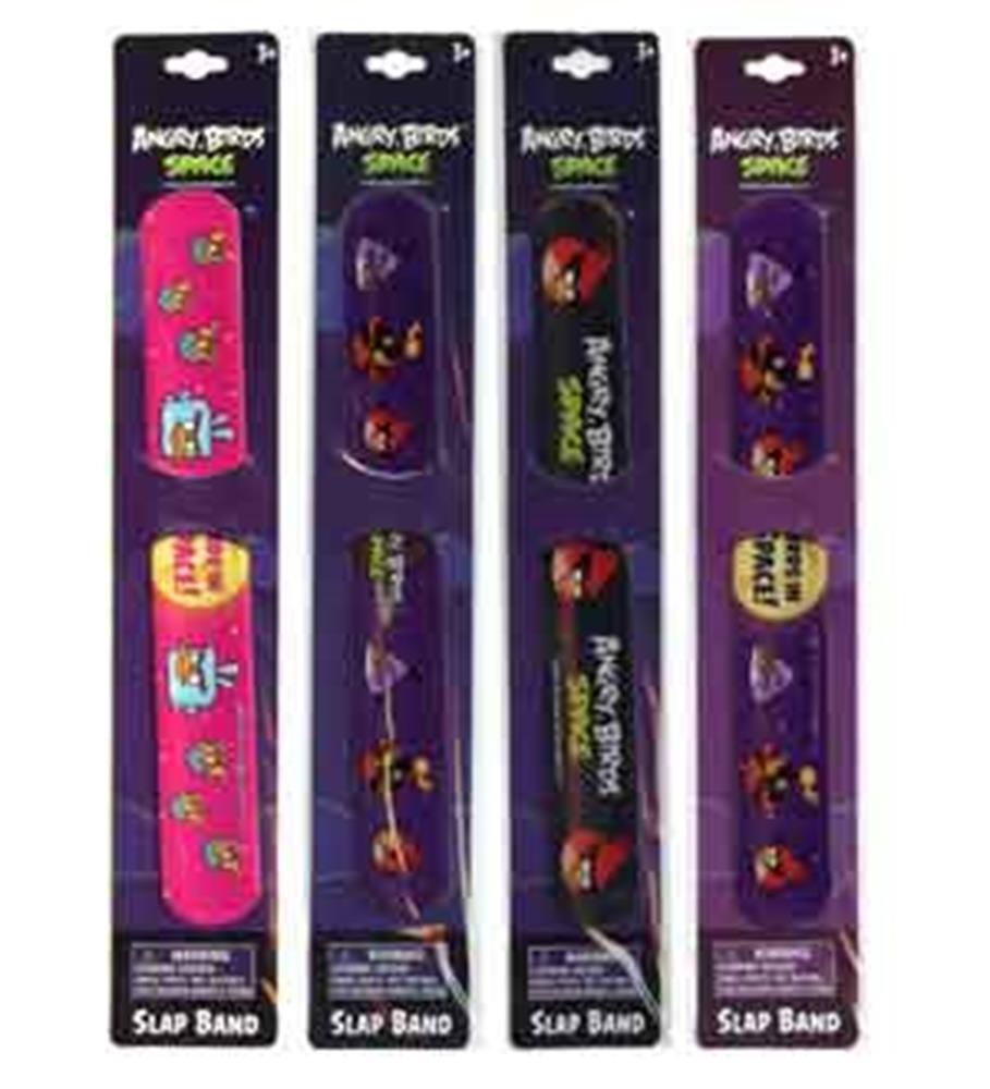 Set of four Angry Birds Space slap bracelets in pink, purple, and black with character and logo designs.