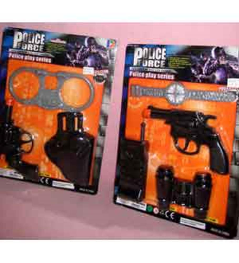 Two police play sets featuring black plastic toy handcuffs with an orange key and a black toy revolver with accessories on.