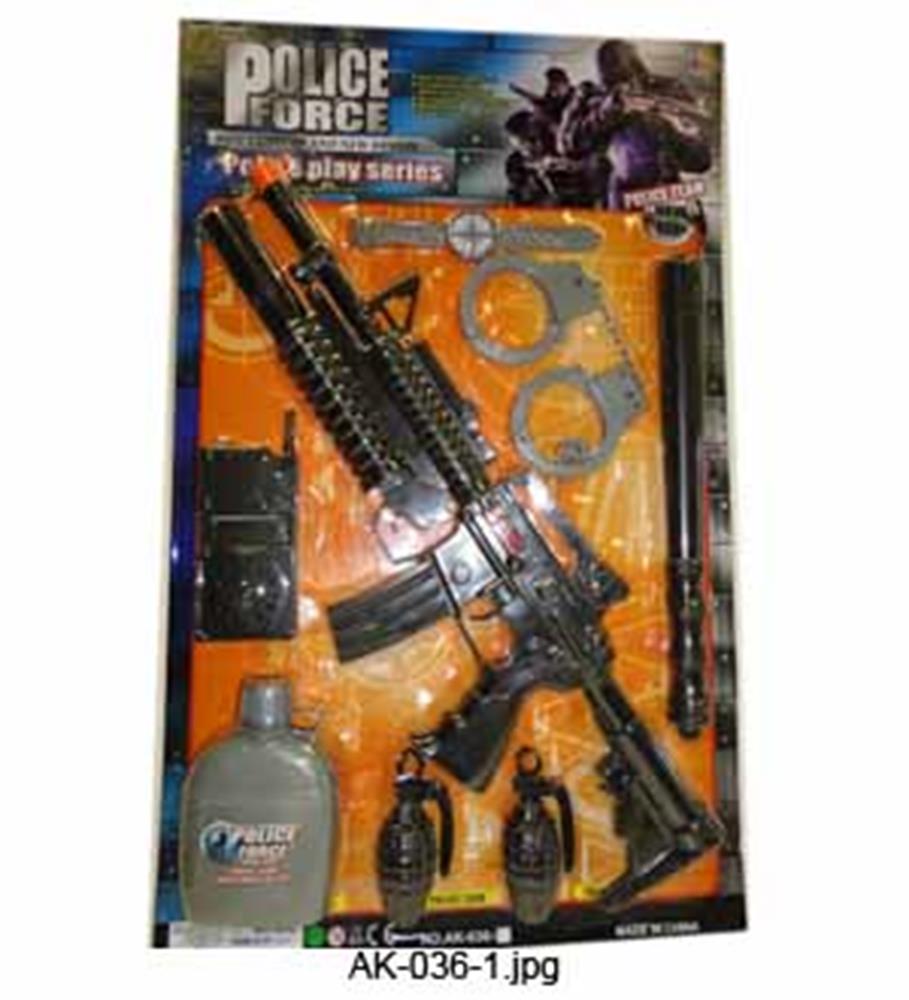 Black and orange toy assault rifle with play handcuffs, baton, walkie-talkie, whistle, badge, and bottle in packaging.