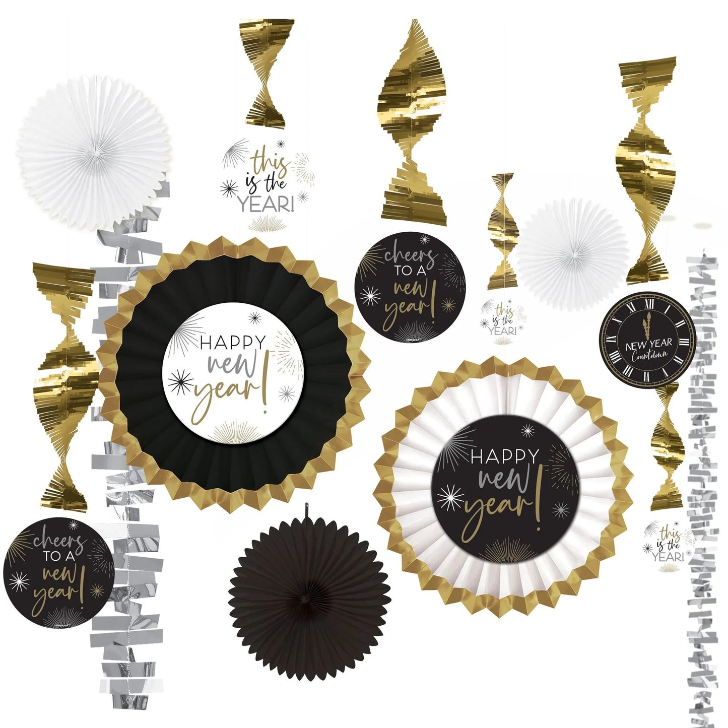 Black, gold, and silver New Year's Eve party decorations with foil spirals, paper fans, and circular signs featuring.