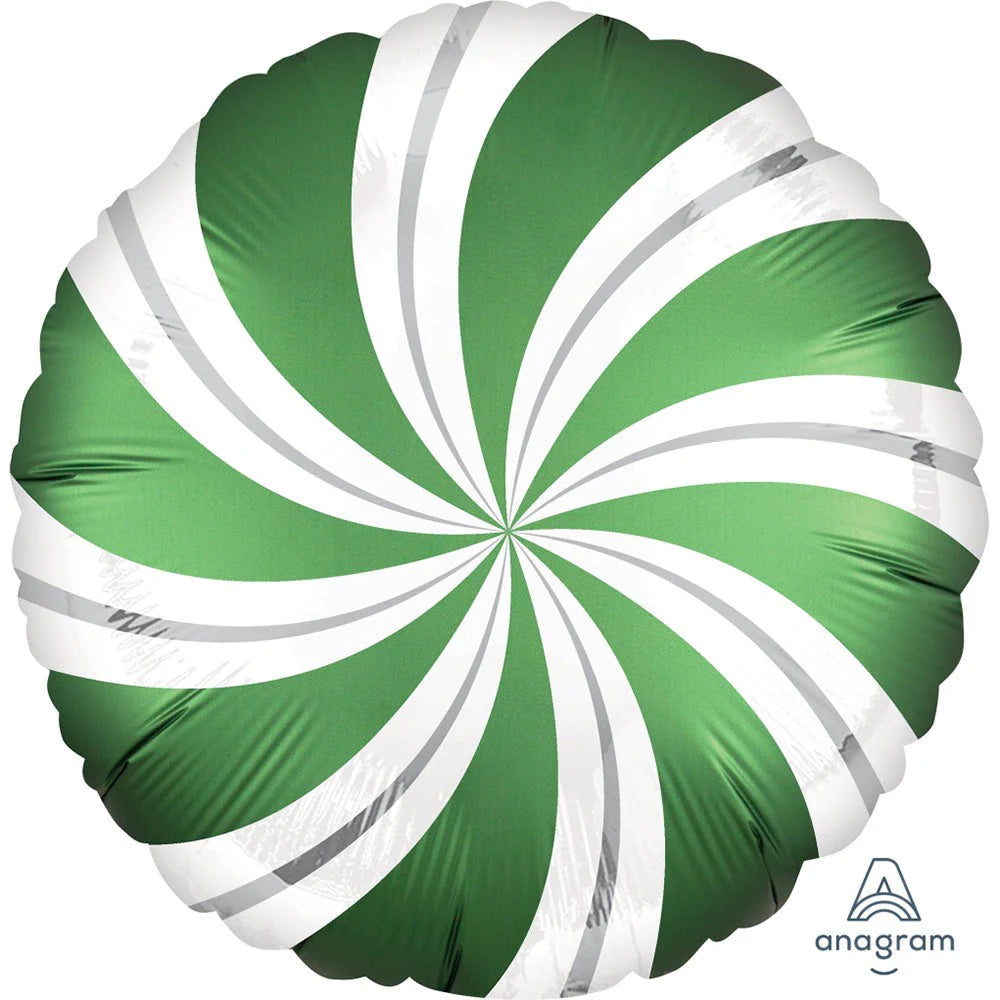 Round foil balloon with green and white swirled candy stripe pattern, 18 inches wide.
