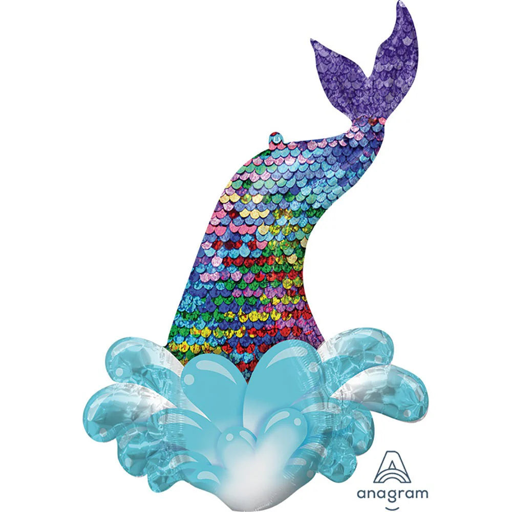39-inch foil balloon shaped like a colorful mermaid tail with blue water splash design at the base.