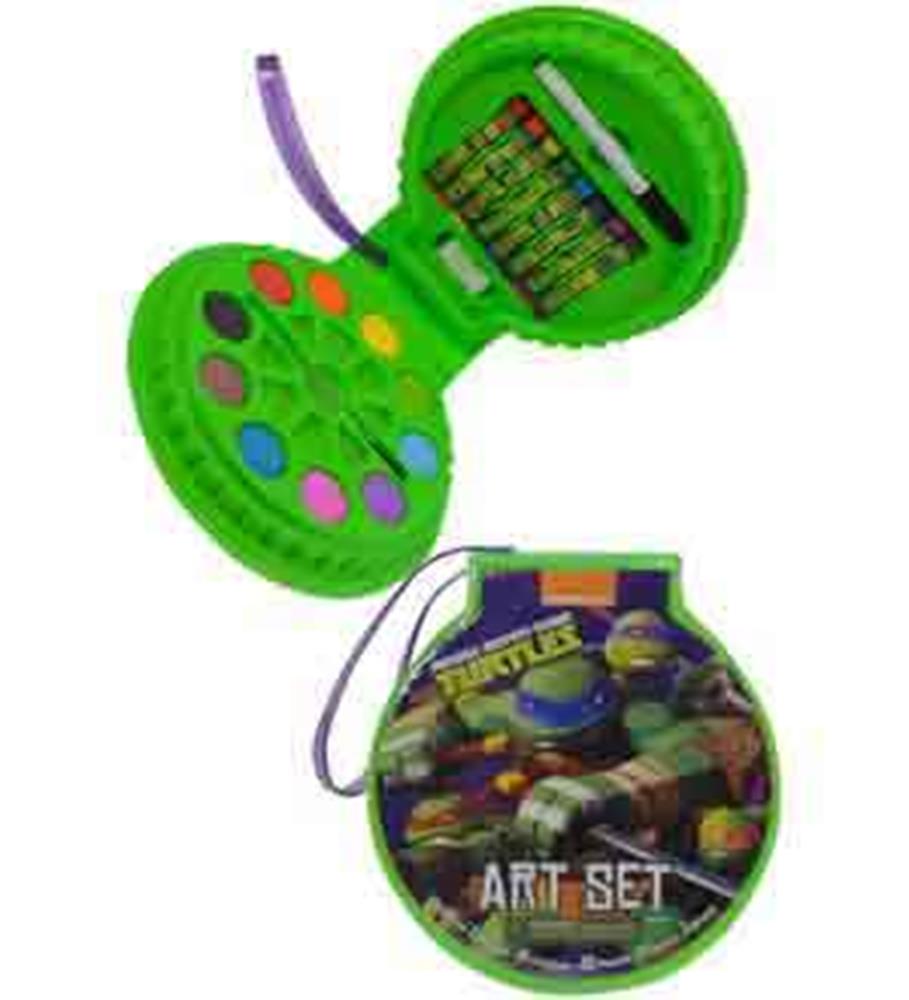 Green circular art case featuring Teenage Mutant Ninja Turtles design, containing watercolor paints and markers.