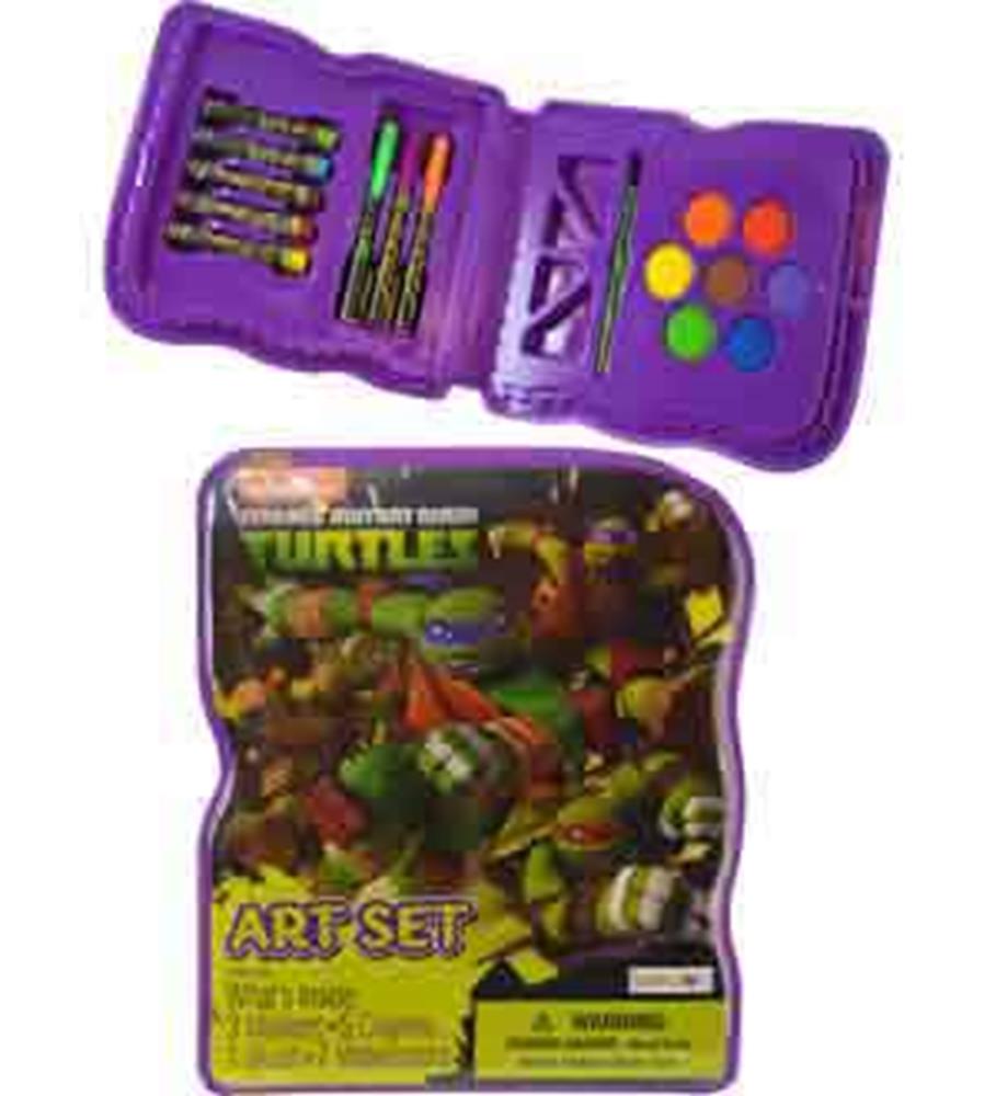 Purple plastic folding art case featuring Teenage Mutant Ninja Turtles graphics with crayons, colored pencils, paint.