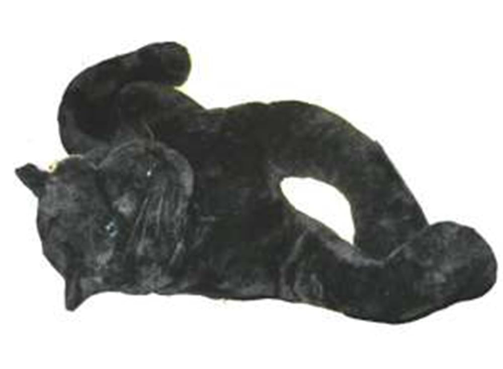 Plush black panther toy in a relaxed pose with soft fur and detailed facial features.