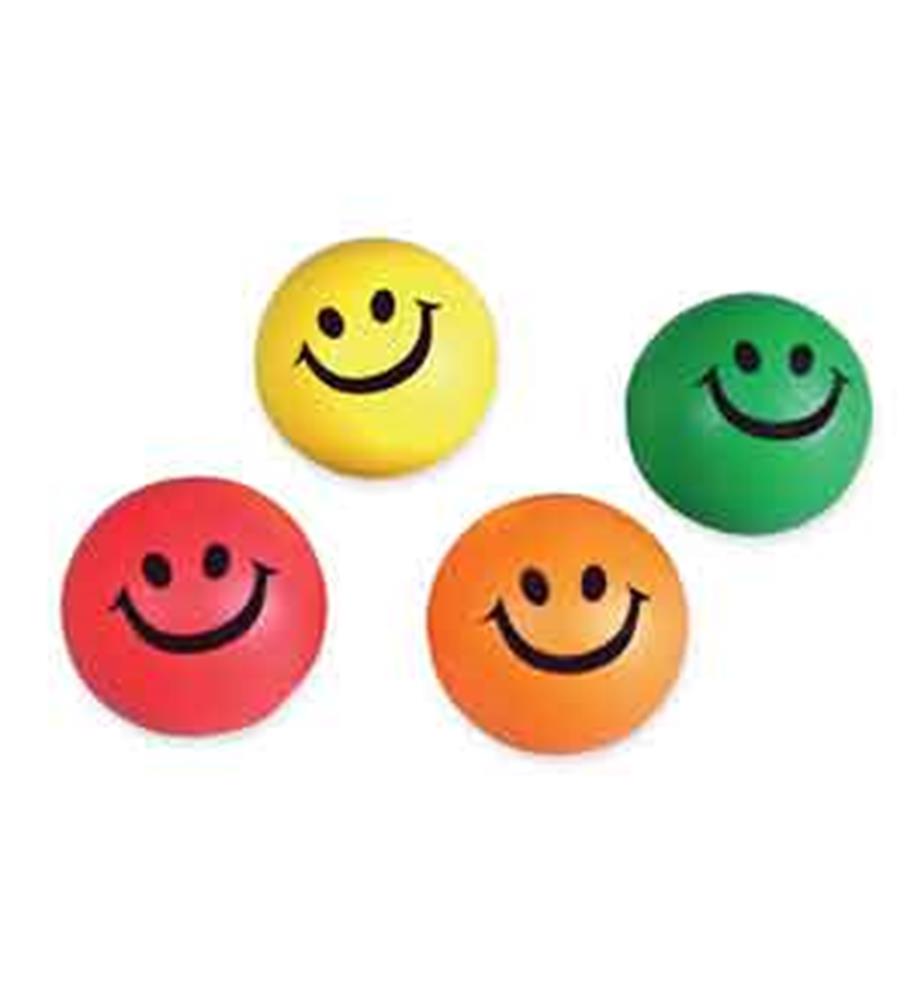 Set of four 2.5-inch round squeeze balls in yellow, green, red, and orange with black smiley faces.