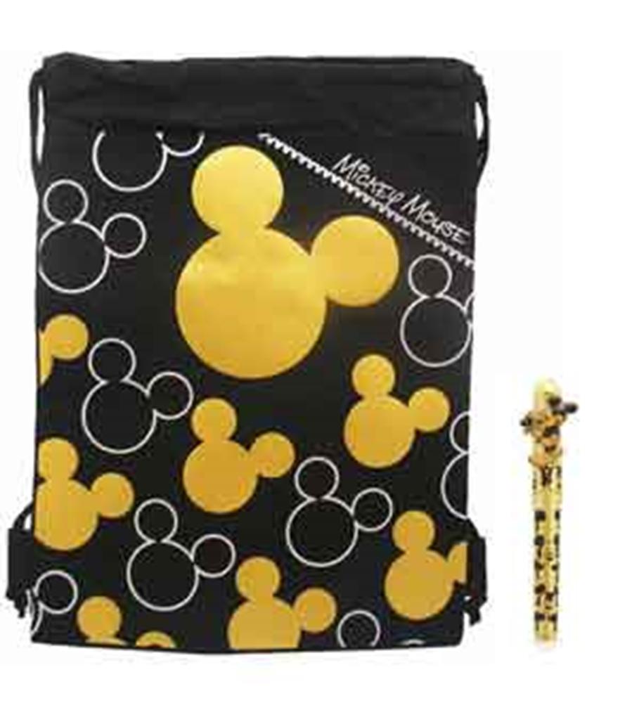Black sling backpack with gold and silver Mickey Mouse head patterns and matching character-themed pen.