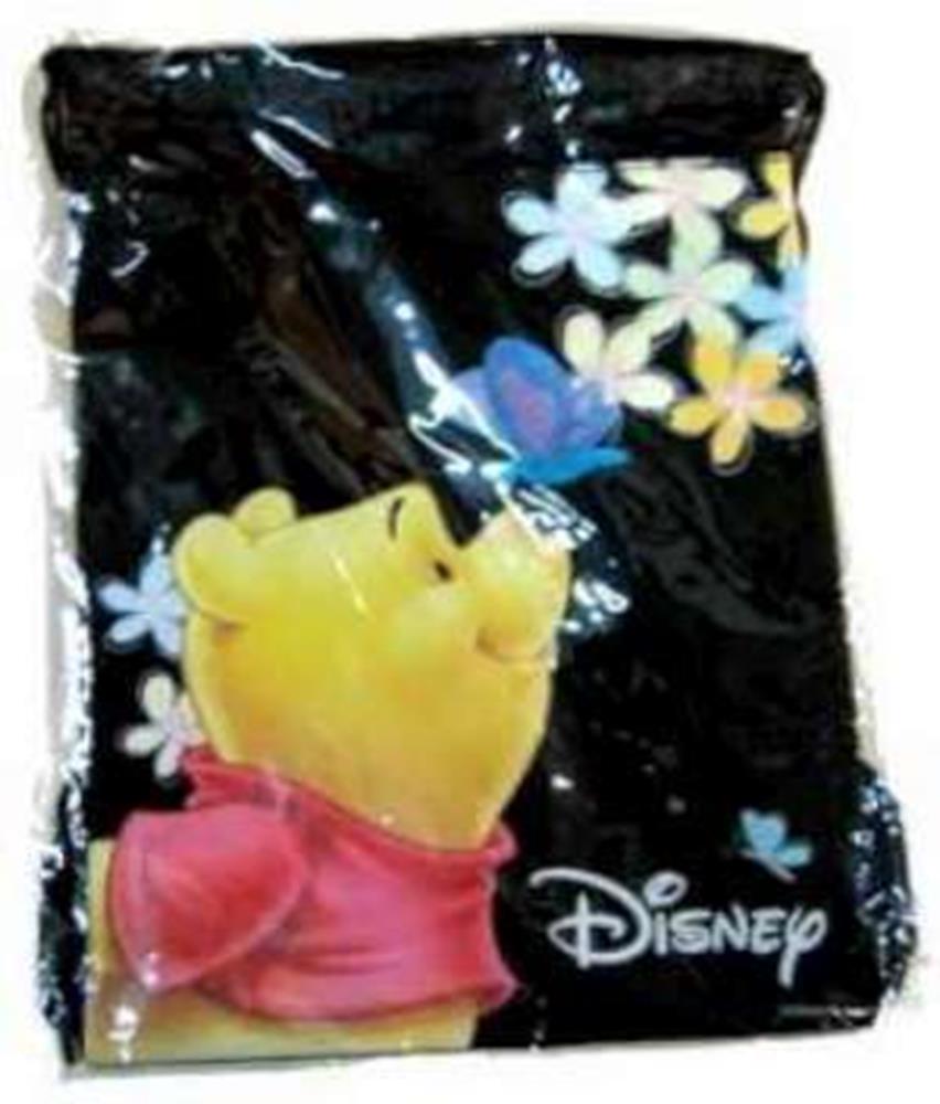 Black string backpack featuring Winnie the Pooh in a red shirt with white flowers and a blue butterfly, Disney logo at.
