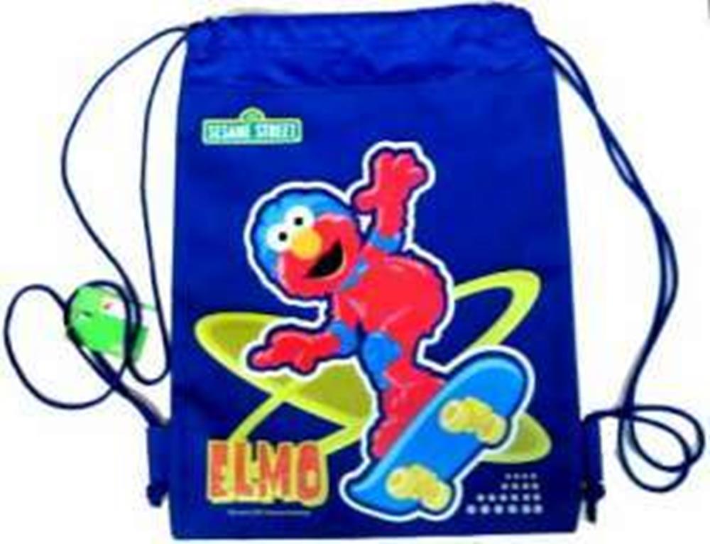 Blue string backpack featuring a vibrant Elmo graphic skateboarding with green and yellow accents.