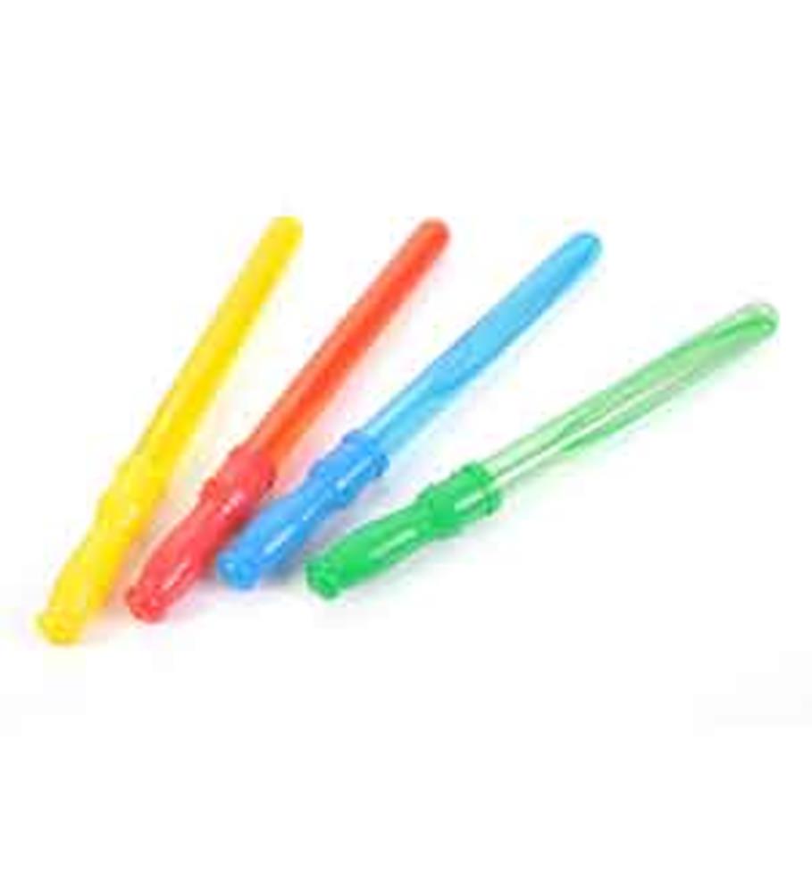 Set of four 14.5-inch colorful plastic bubble sticks in yellow, red, blue, and green.