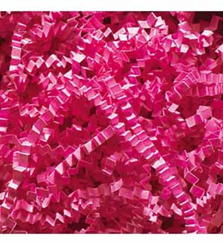 Bright fuchsia crinkled paper shred filler with glossy texture, densely packed strands.