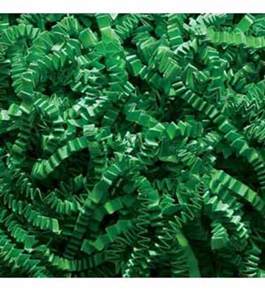 Bright green crinkled paper shred filler with a glossy finish, densely packed.