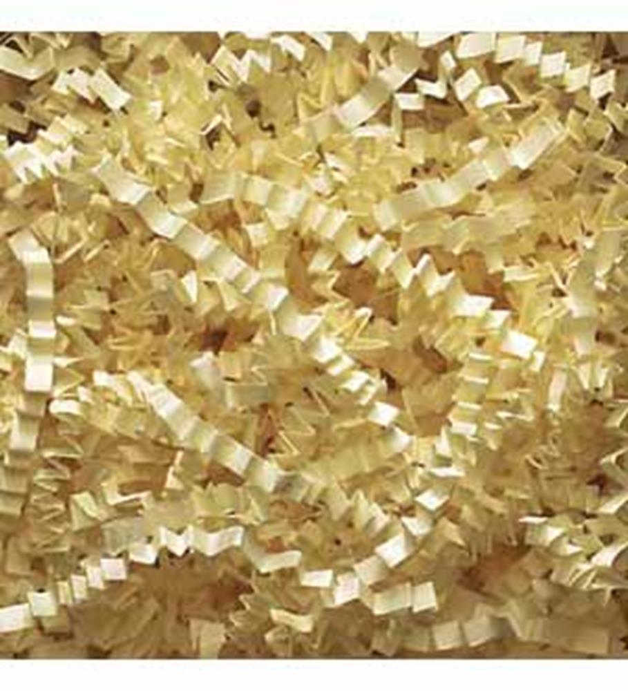 Ivory-colored crinkled shredded paper filler with a glossy finish, lightweight and curly strands.