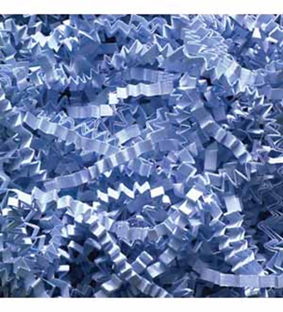 Baby blue crinkle paper shred with a wavy, shredded texture, made from thin paper strips.
